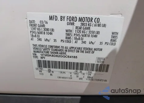 2016 Ford Explorer Xlt из США, поврежденный, VIN 1FM5K8D82GGC64185